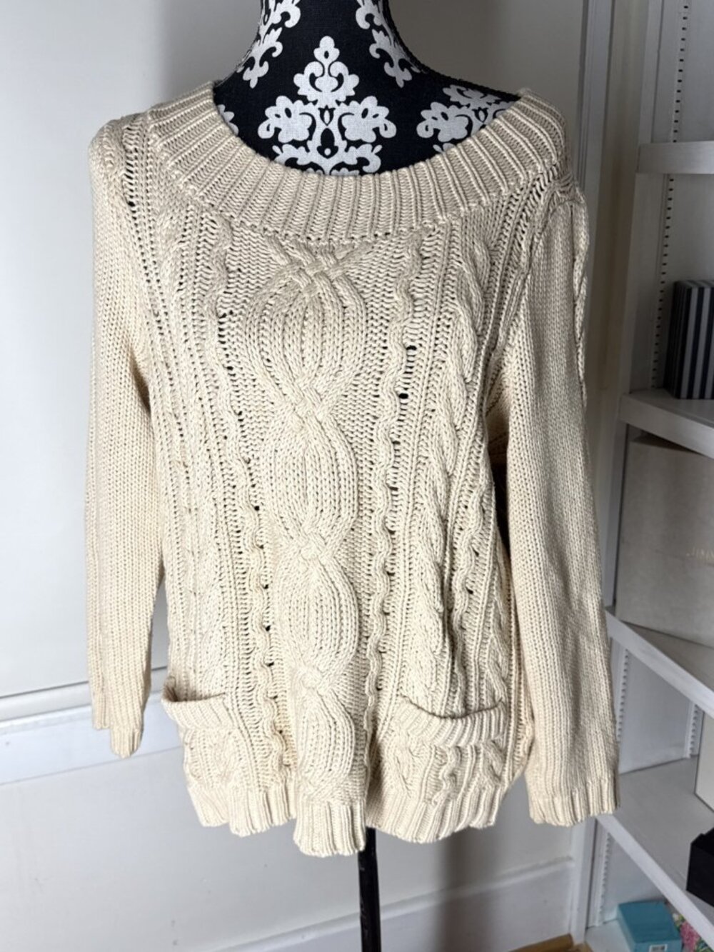 Chico's Size 2 Women's LCream Cable Knit Long Sleeve Cotton Sweater classic